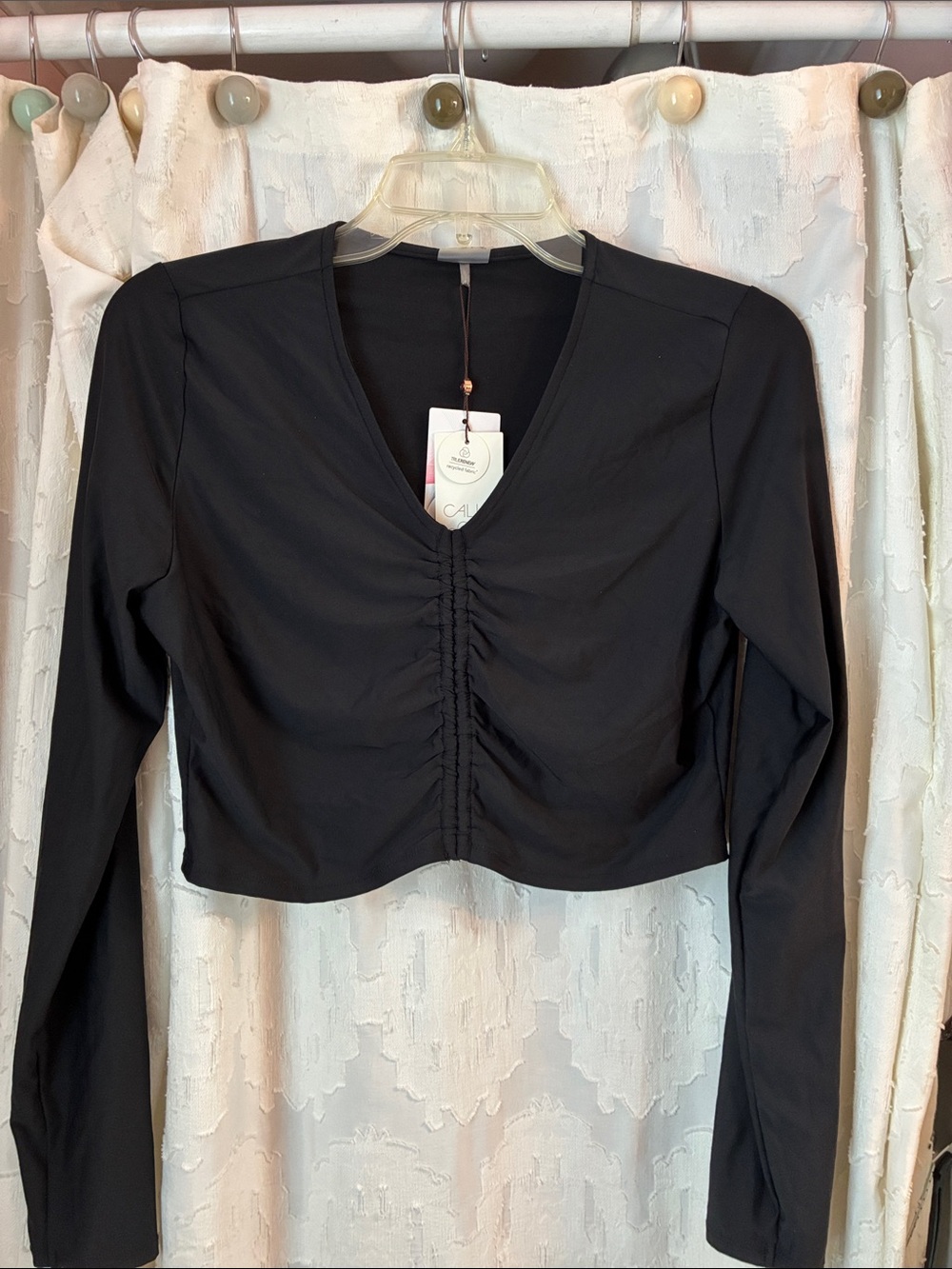 Women’s Black Long Sleeve Swim Tee with Front Ruched Detail
